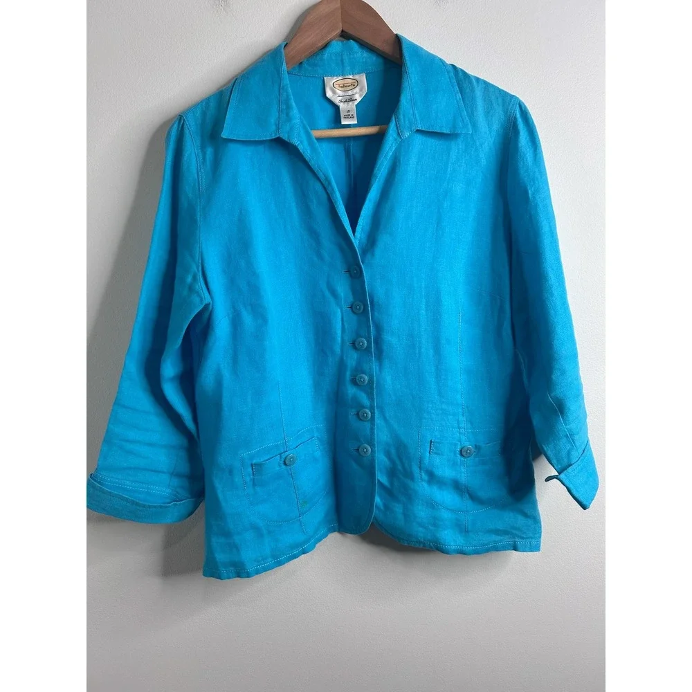Talbots Irish Linen Jacket Womens 12 Turquoise Blue 3/4 Sleeve‎ Coastal Luxury